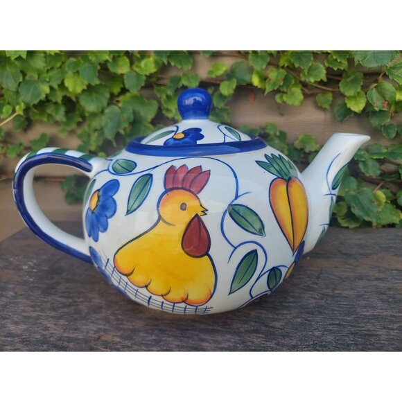 Baum Bros Style-Eyes Ceramic Teapot Rooster & Fruits Design - Picture 1 of 5